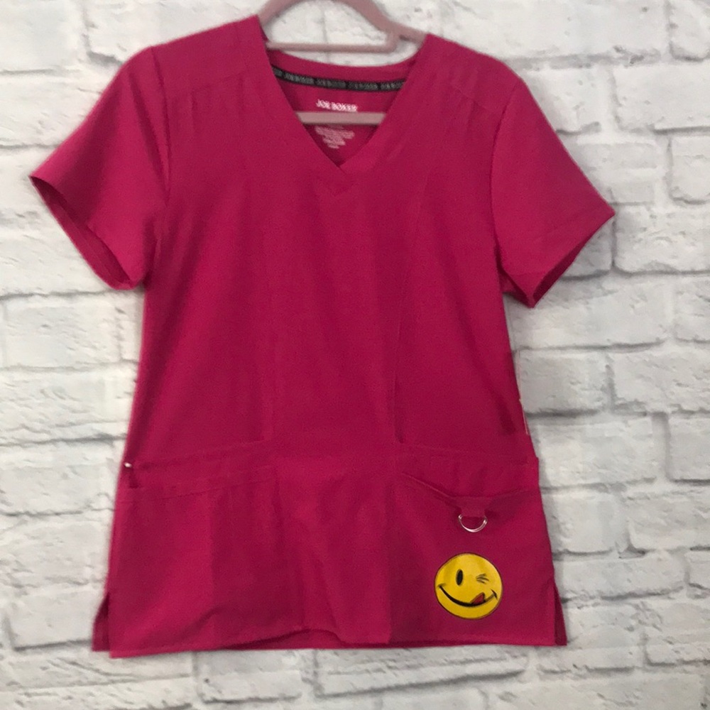 Joe Boxer Scrub Hot Pink Top Four Pocket Smiley Face Size Small